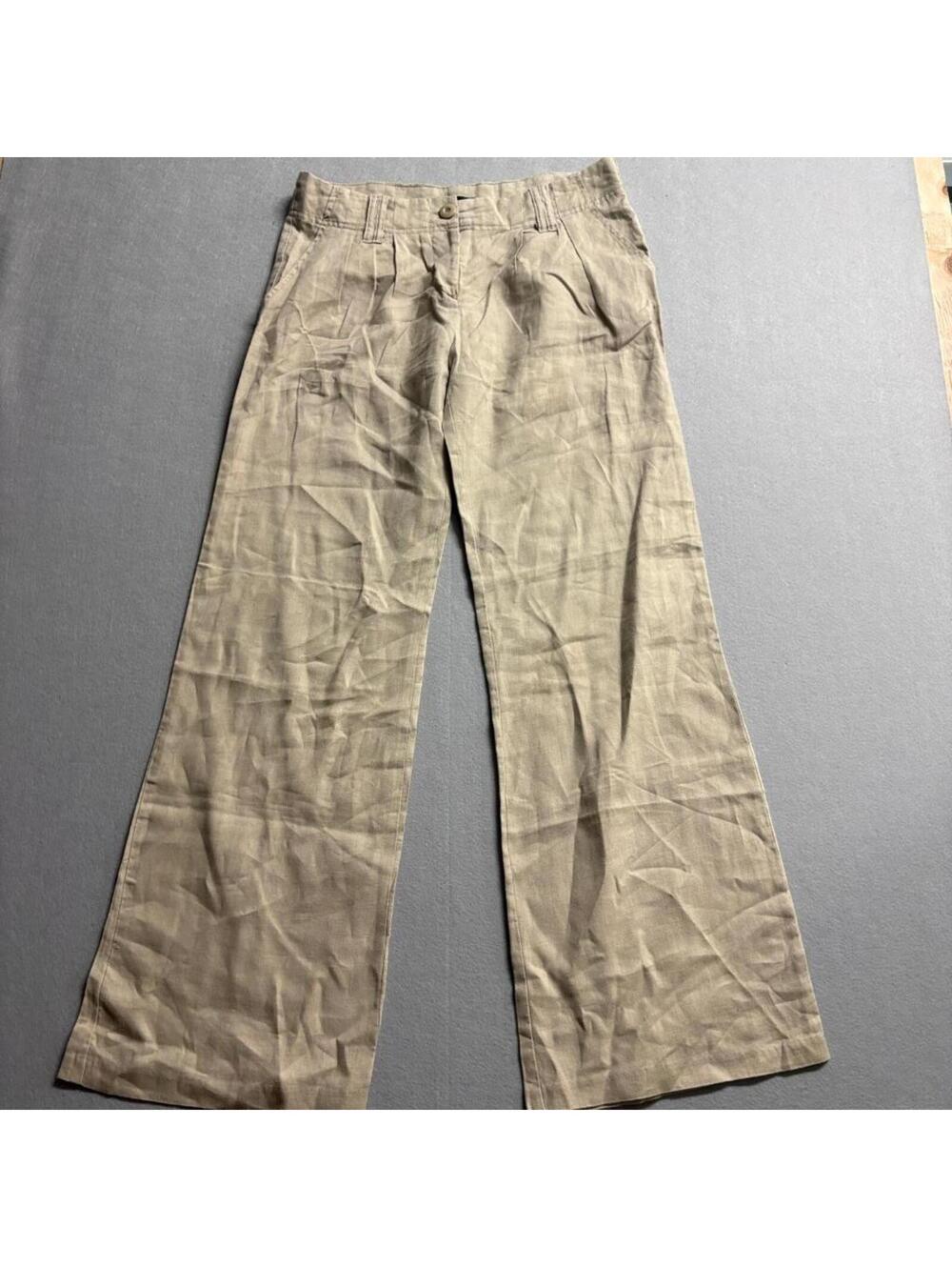 Unit USA Women's Beige 100% Linen Wide Leg Pants Size Large Flat Front Casual